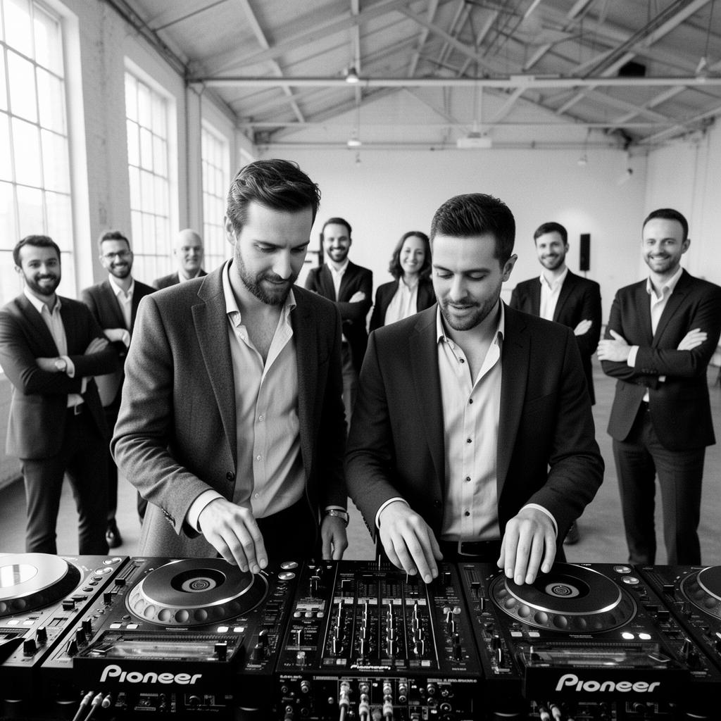 Small executive group gathered around Pioneer DJ decks in a workshop