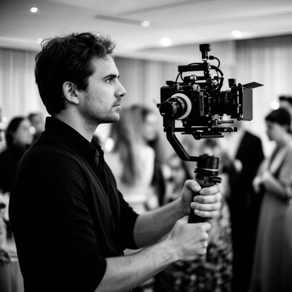 Videographer filming with gimbal-stabilized camera at an event